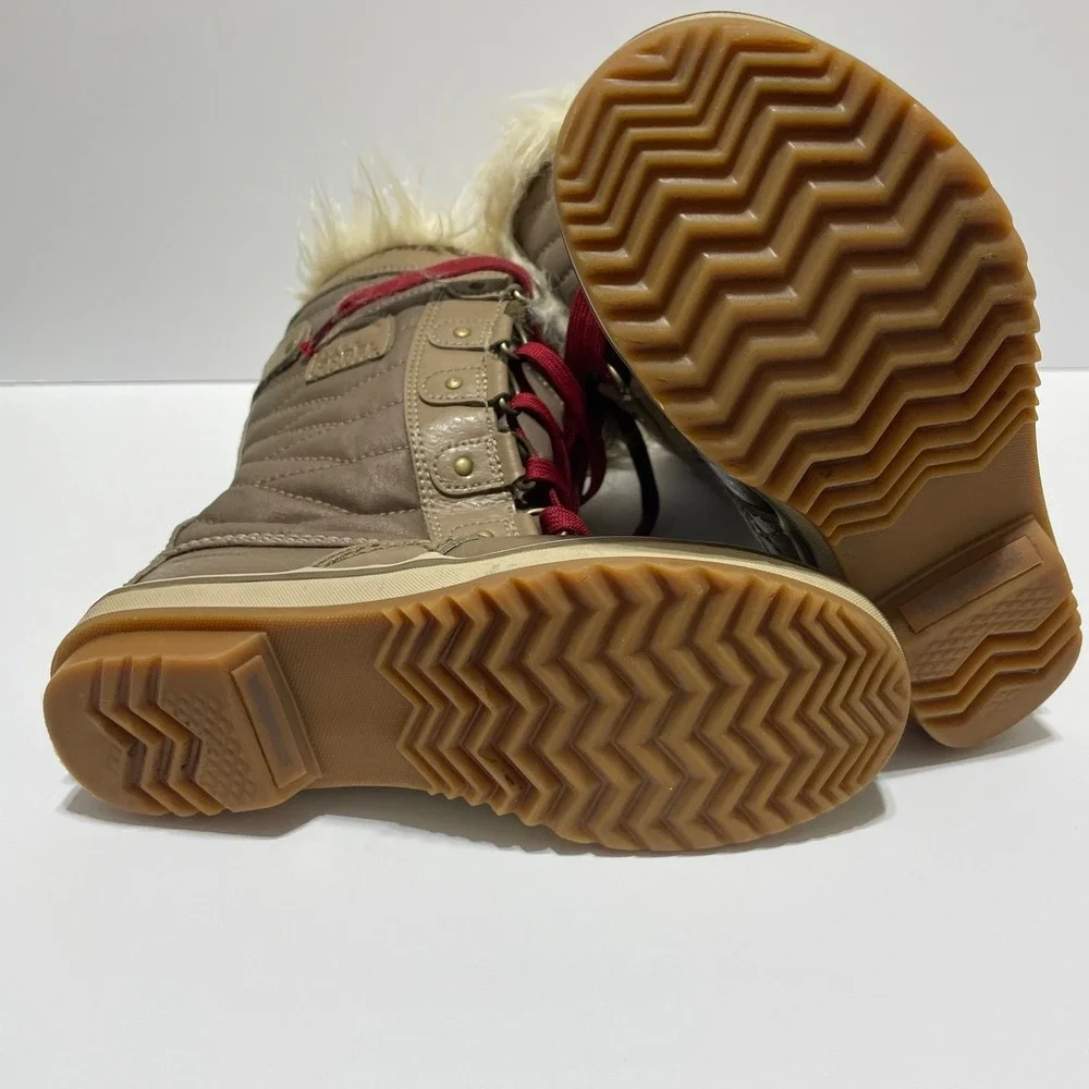 Sorel Tofino II Waterproof Winter Boots Tan Brown Red Laces Faux Fur Sz 1